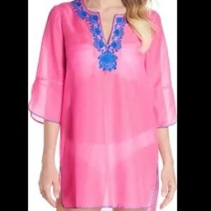 Lilly Pulitzer Pink Blue Embroidered Cotton Cover Up Tunic Dress Size XS NEW!